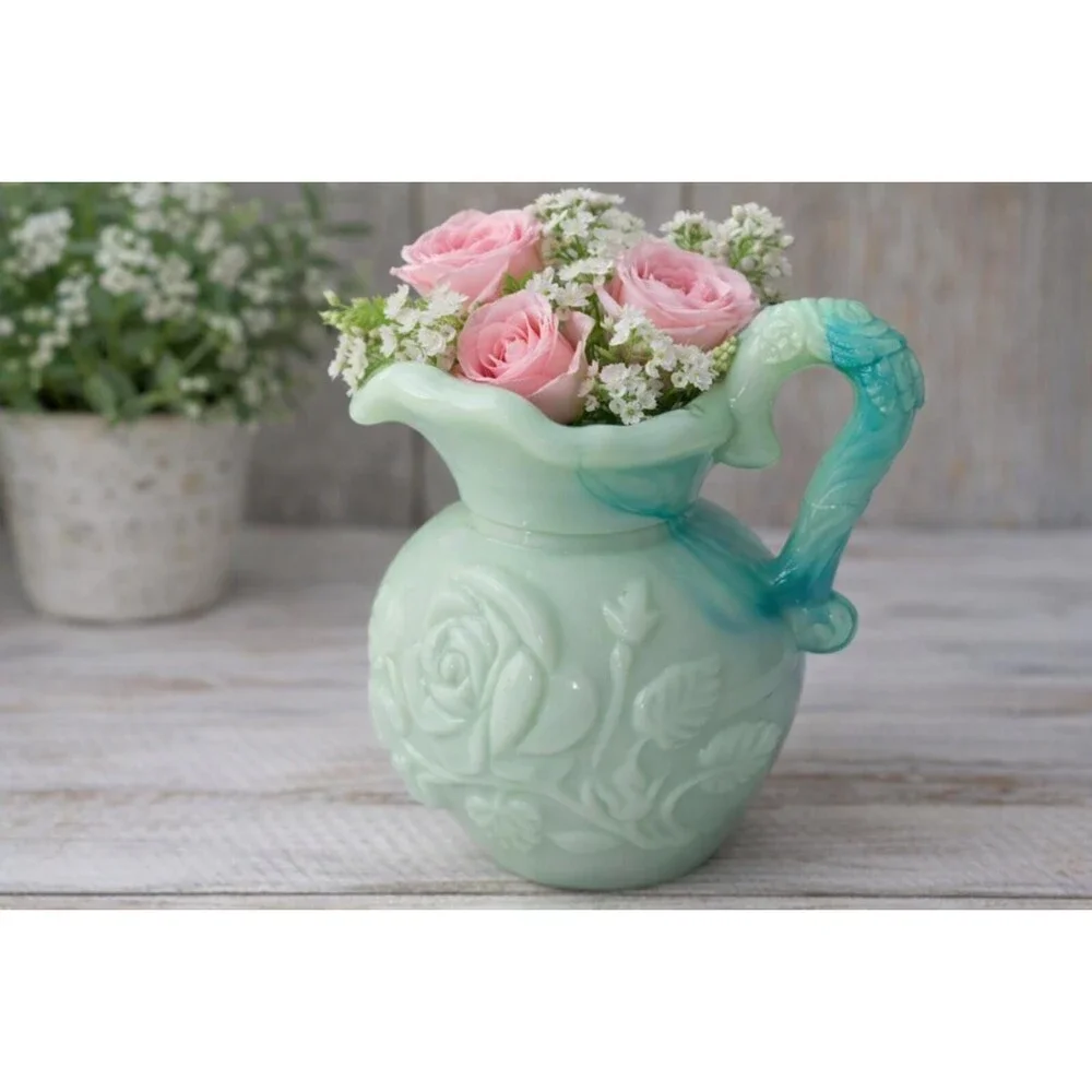 Vintage Avon Green Glass Pitcher Vase / Jadeite Style Floral Rose Relief / Cotta